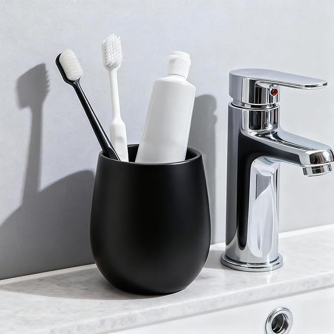 Black Ceramic Toothbrush Holder - 11Oz Small Bathroom Tooth Brushing Holders, Reusable Mouthwash Cup, Toothpaste Holder, Makeup Brush Holder, Pen Holder for Bathroom Countertop, 1PC