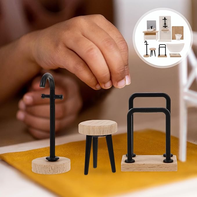 Veemoon 1:12 Scale Miniature Dollhouse Bathroom Set, 8pcs Dollhouse Shower Room Furniture Accessories Mini Bathroom Decoration Props Basin Toilet Bathtub Stool Shower