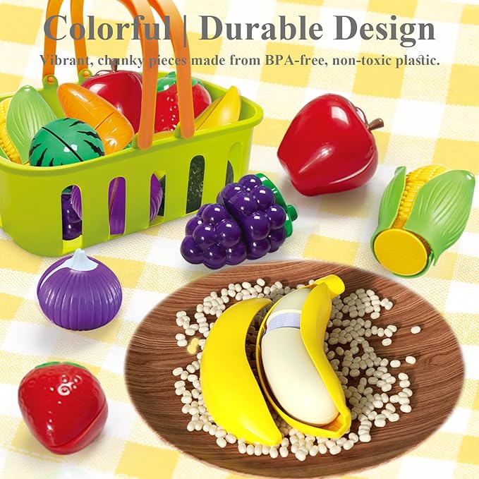 Pretend Play Food for Kids Kitchen - 38Pc Pretend Play Kitchen Accessories, Toys Play Food Set for Toddlers, Cutting Food Toys Veggies, Fruits, Food, Boys Girls Gift for Christmas