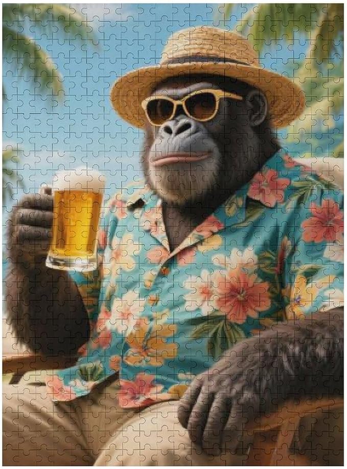 Summer Gorilla – 1000 Piece Creative Wildlife Wooden Jigsaw Puzzle, Playful Summer Gorilla Illustration, Brain Teaser, Family Entertainment