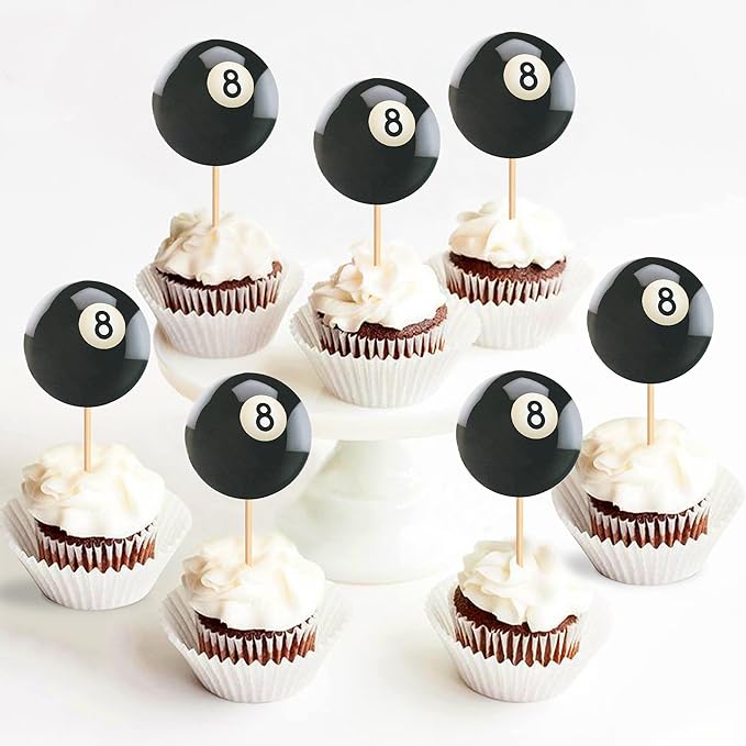 Ercadio 24 Pack Double Sided Pool Ball Cupcake Toppers Sports Cupcake Picks Birthday Cake Decorations Baby Shower Sports Theme Party Cake Decorations