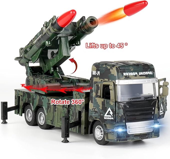 Military Toys for Boys, Army Vehicle Toys with Rotatable Turret, Missile Truck with Light & Sound, Pull Back Army Truck Gift for 3 4 5 6 7 8 Year Old Boys
