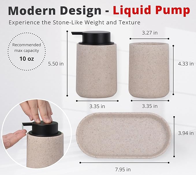 Clasin Home Beige Bathroom Accessories Set, 3 Pcs Resin Bathroom Accessories Complete Set, Sandstone Look Soap Dispenser with Large Pump, Toothbrush Cup, Soap Dish for Modern Home Decor and Kitchen