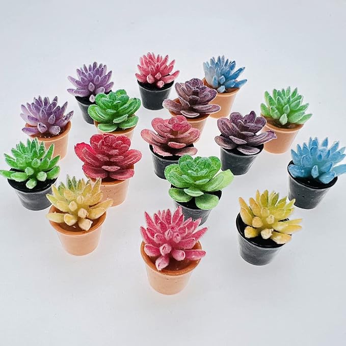 Cayway Dollhouse Plant Miniature 16 PCS Artificial Plant Tiny Bonsai Model Mini Flowerpot Fake Succulent Doll House for Garden Dollhouse Decorations