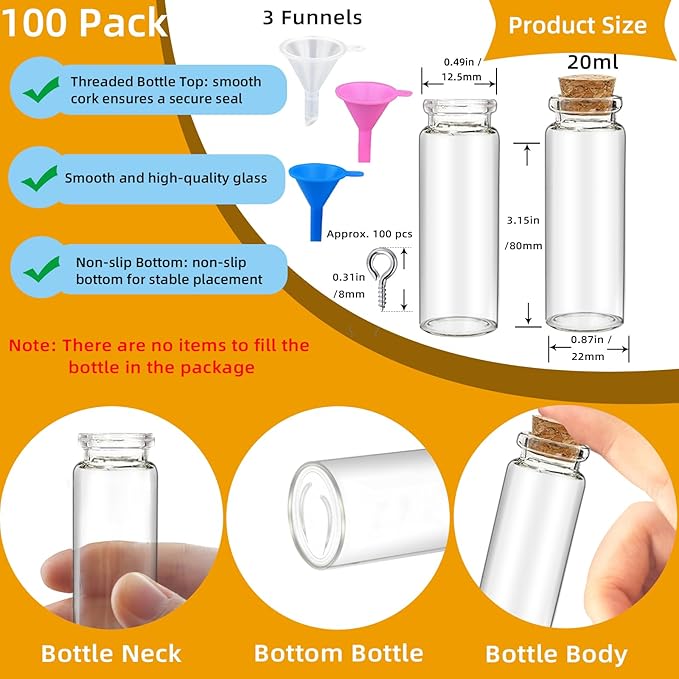 100Pcs 20ml Mini Glass Bottles with Cork Stoppers - Small Clear Vials for DIY Crafts, Wedding Favors, Halloween Decor, Wishing Spell Jars, Includes Funnel-(22 * 80 mm)