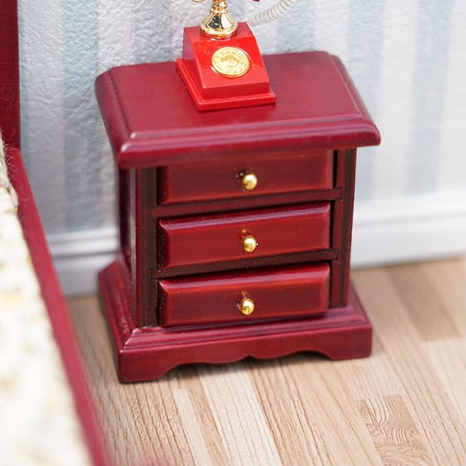 Miniature Bedside 1:12 Furniture Dollhouse Nightstand Bedroom Drawer Cabinet Model Accessories Mini House Scene Building Tabletop Decorations (Red)
