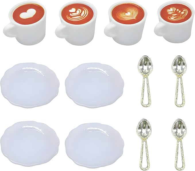 4Sets Miniature Dollhouse Dish Set – 1:12 Scale Plates, Spoons & Coffee Cups, Realistic Porcelain Tableware for Dollhouse Kitchen, Miniature Dinner Accessories,DIY Display & Decorative Utensils（White）