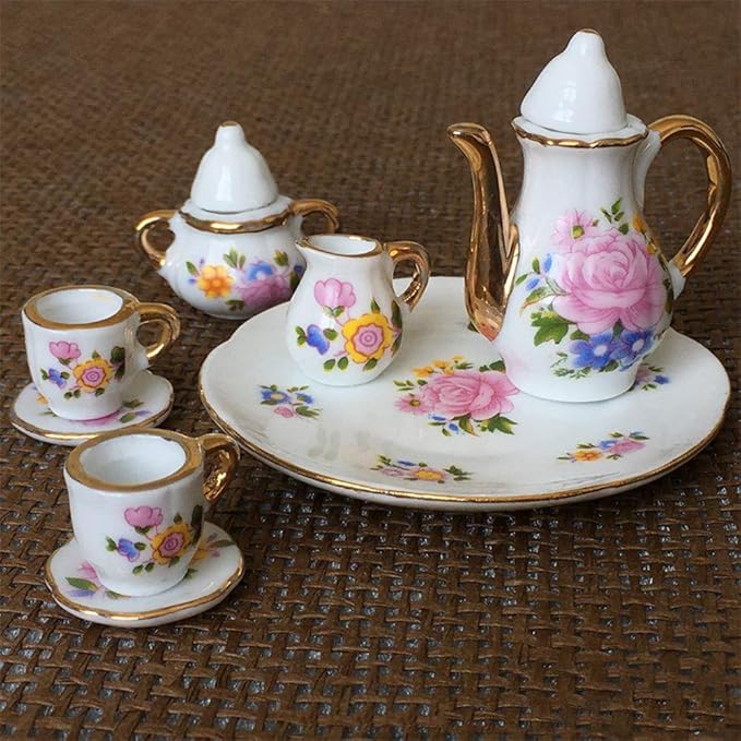 Dollhouse Decoration Kitchen Accessories, 8pcs Dining Ware Porcelain Tea Cup Set Pink Dish Cup Plate with Golden Trim 1/6 Dollhouse Miniature