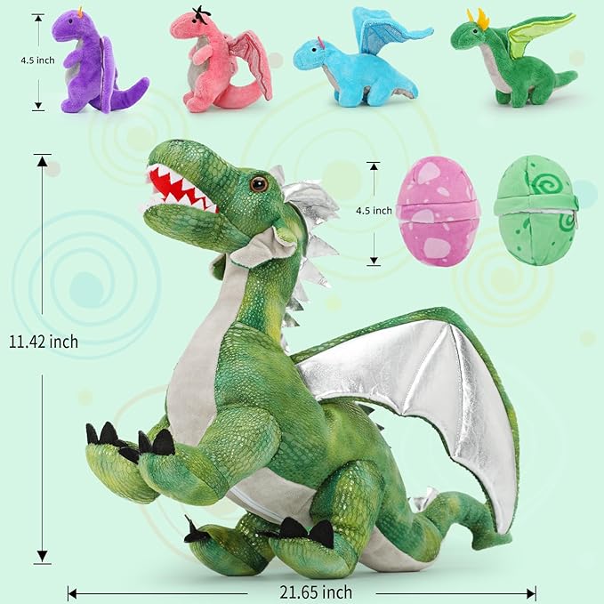 7Pcs Giant Green Dragon Plush Toy Set, 21.7" Big Mother Dragon Stuffed Animal with 4 Babies & 2 Eggs, Stuffed Dinosaurs for Kids Boys Girls, Cute Soft Plushies Gift for Birthday Christmas