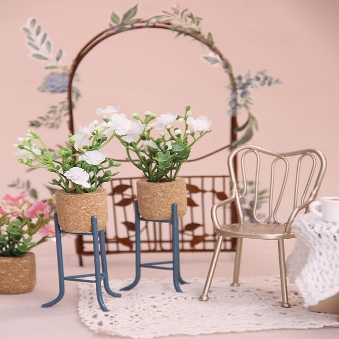 Funky Mini House 2-Pack Miniature Dollhouse Plant Stand & Artificial Flower Pot Sets - 1:12 Scale Mini Home Decor for Doll House, Ideal Gift for Miniature Lovers (Blue)
