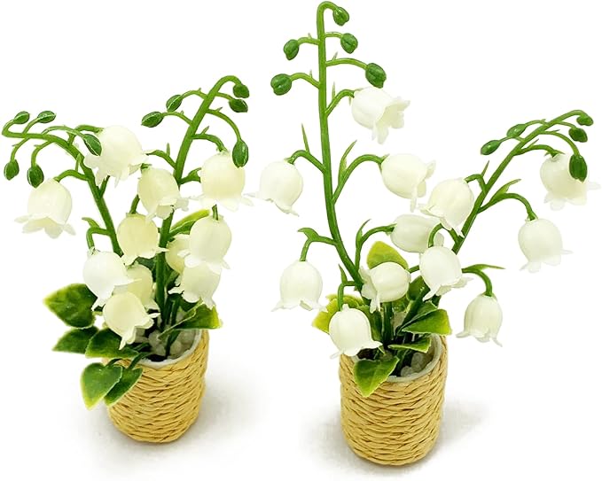 2Pieces Miniature Potted Plants Flowers Artificial Lily of The Valley Basket Bonsai for 1:12 Mini Dollhouse Scene Model Micro Landscape Decoration