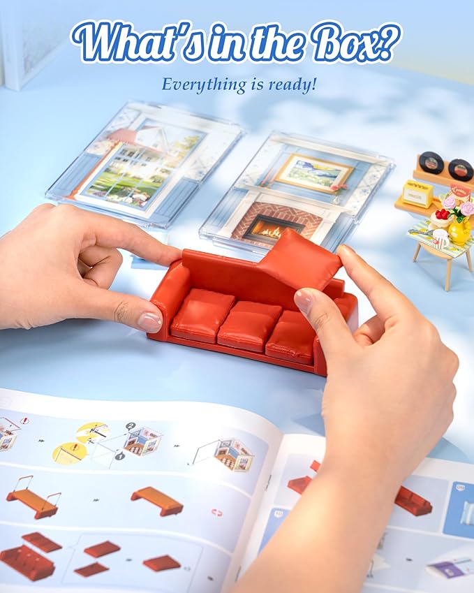 ROBOTIME Super Creator Kits, Plastic Mini House, Expandable Plastic Craft, DIY Miniature House Kit, Tiny Living Room Making Kit Model Craft Hobby Unique Gift (Country Blue Lounge)