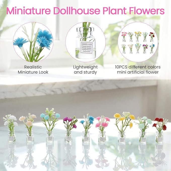 10 Pcs Dollhouse Miniatures Flowers Plants, 1:12 Tiny Small Glow in The Dark Glass Vase Flowers Plant House Decor, Faux Flower Model Miniature Dollhouse Accessories for Tiny Houses