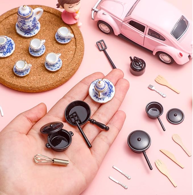 Zhanmai 47 Miniatures Dollhouse Kitchen Accessories Miniature Porcelain Tea Cup Set, Metal Pots and Pans Include 16 Mini Doll Plates Knife Fork Spoon, 6 Egg Beater Utensil, 10 Stovetop Cookware