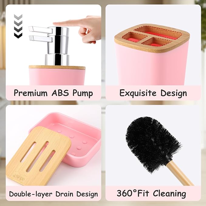 XLHOMO Bathroom Accessories Set with Wicker Trash Can, Pink Bathroom Accessories Pink Bathroom Sets Small Waste Basket Bathroom Trash Can for Bedroom Bathroom