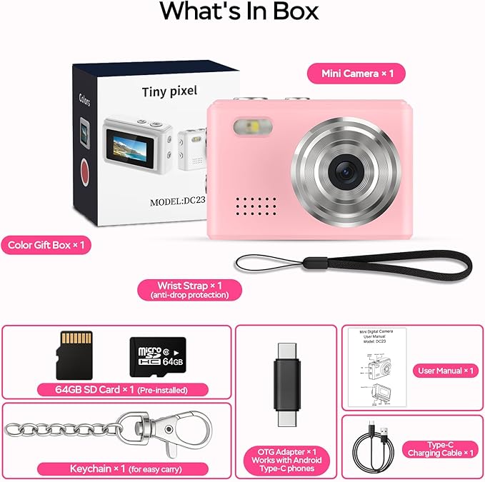 Dienspeak Mini Camera 1080P HD Video Recorder, Keychain Digital Camcorder with 64GB Card, 0.96" HD Display, Long Battery Life, Ultra-Portable Tiny Camera for Travel/Vlog/Night Shots, Pink