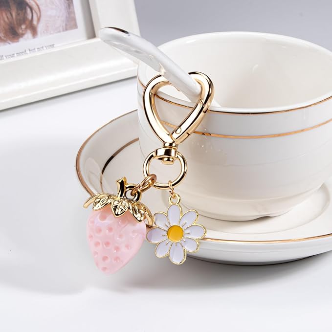 Wikavanli Cute Strawberry Keychain,Bag Charms,Kawaii Heart Flower Daisy Key chains Accessories Decor for Women Girls Purse