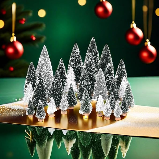 Waipfaru Christmas Table Decor, 30 Pcs Bottle Brush Christmas Trees, White Mini Christmas Trees, Farmhouse Pine Trees for Xmas Tabletop Crafts Indoor Home Decorations (Sliver & White)