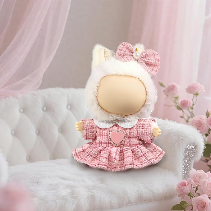 Clothes for LABUBU Doll (NO Doll), Luxury Chic Style 2-Piece Accessories for LABUBU 17cm Dolls, Premium Fashion Outfits for LABUBU - Bow Headdress + Plaid Tweed Dress (Pink)
