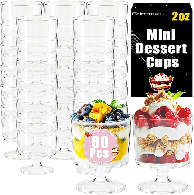 Gdotmely 80 Pack Mini Dessert Cups, 2 oz Disposable Plastic Wine Glasses, Parfait Appetizer Cups, Clear Shot Glasses for Wedding, Birthday, Party, Fruit