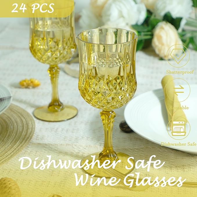 LEYIQU Plastic Wine Glasses, Plastic Goblets Vintage Style Cordial Drinking Glasses for Valentine’s Day, Wedding Reception, Grand Event Party Supplies (24, Gold)