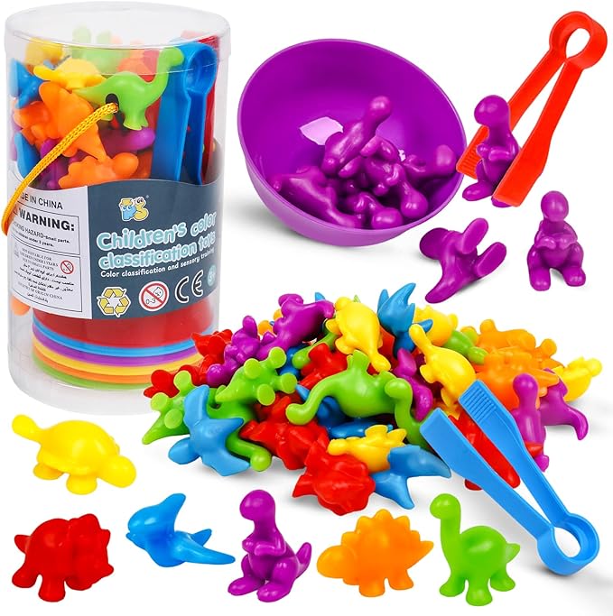Counting Dinosaurs Color Sorting Toys with Rainbow Bowls,Sensory Training & Counting Activity Montessori Education Learning Activities Christmas Stocking Stuffers Gifts for Boys Girls