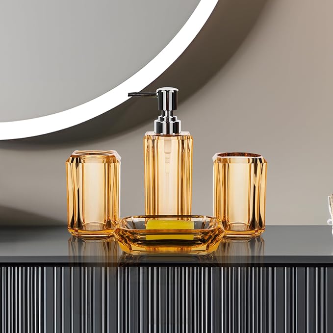 LGURT 4 Piece Premium Acrylic Bathroom Accessory Set, Hand Sanitizer Bottle, Lotion Can Bathroom Suit, Separate Bottle Soap Box, Mouthwash Cup, Toothbrush Cup (Champagne Gold)