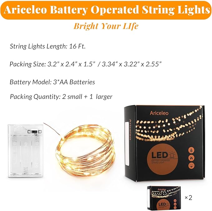 Ariceleo Led Fairy Lights Battery Operated, 2 Packs Mini Battery Powered Copper Wire Starry Fairy Lights for Bedroom, Christmas, Parties, Wedding, Centerpiece, Decoration (5m/16ft Warm White)
