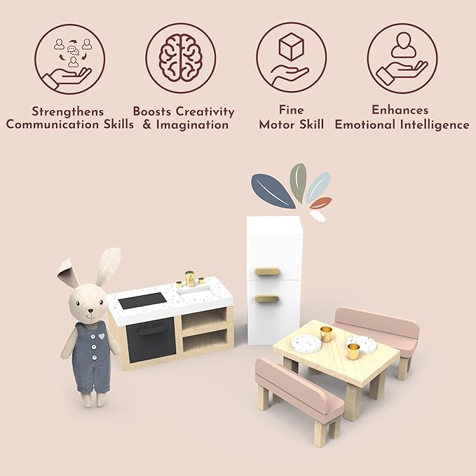 SPEEDY MONKEY Doll House Kitchen Playset with Bunny – Miniature FSC Wooden Kitchen Furniture Set – Dining Table, 4 Chairs, Fridge & Accessories – Pretend Play Doll House Decor Toy for Kids & Girls