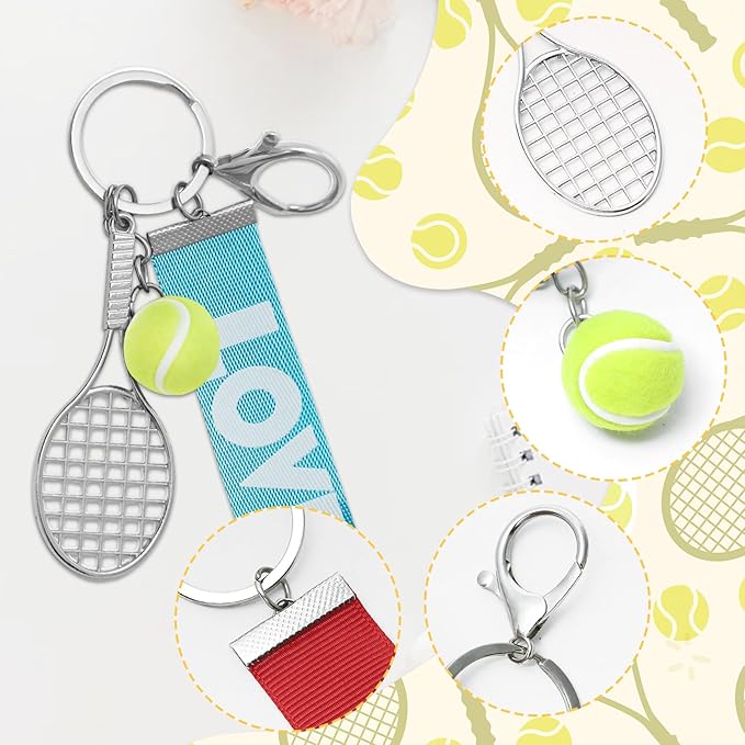 Gallipower 2 Pcs Tennis Ball Keychain,Color Mini Tennis Racket With Ball Keychains Key Ring,Cute Tennis Racket Balls Keychain Baseball Keychains For Women Men Gifts(Red+Blue)