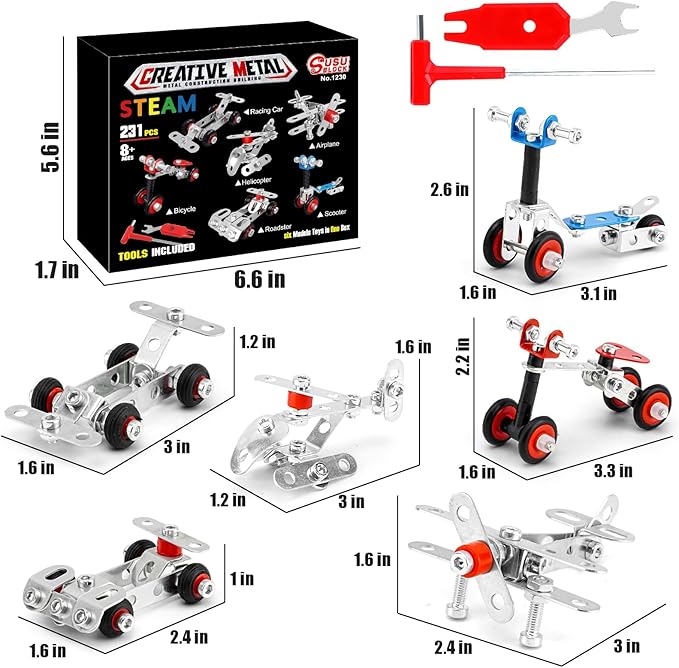 Cars & Airplane Metal Model Set, Building Kit Model, 231 PCS 6 Models Metal STEM Project Building Toys for Kids Ages 8-12, Assembly Vehicles Metal Toys Model