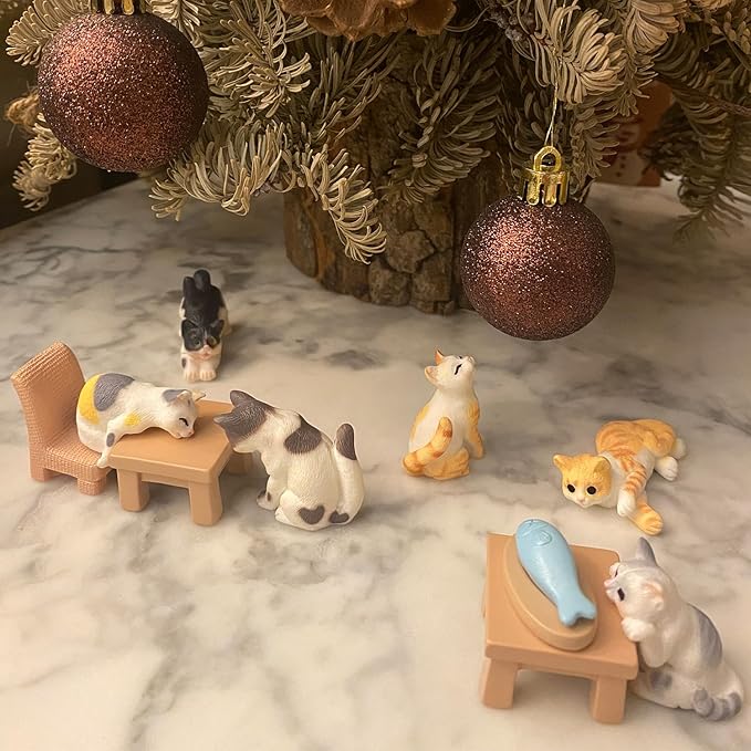 Cute Miniature Cat Figurines Assortment - Fairy Garden, Dollhouse & Plant Decor, Mini Model Set for Terrarium, DIY Crafts, Home Ornament and Display. (Afternoon Tea)