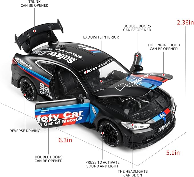 Toy Cars 1:32 M4 Diecast Cars - Light, Sound & Pull Back Function Model Cars- Zinc Alloy Car Model for Kids Who Love car Mechanics & Collecting Exotic Sports Car Toys (Matte Black)