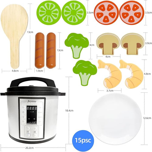 15-PCs Wooden Air Fryer/18-PCs Pressure Cooker Playset for Kids Pretend Cooking Toy with Food Accessories Utensils Montessori Kitchen Role Play (Pressure Cooker)