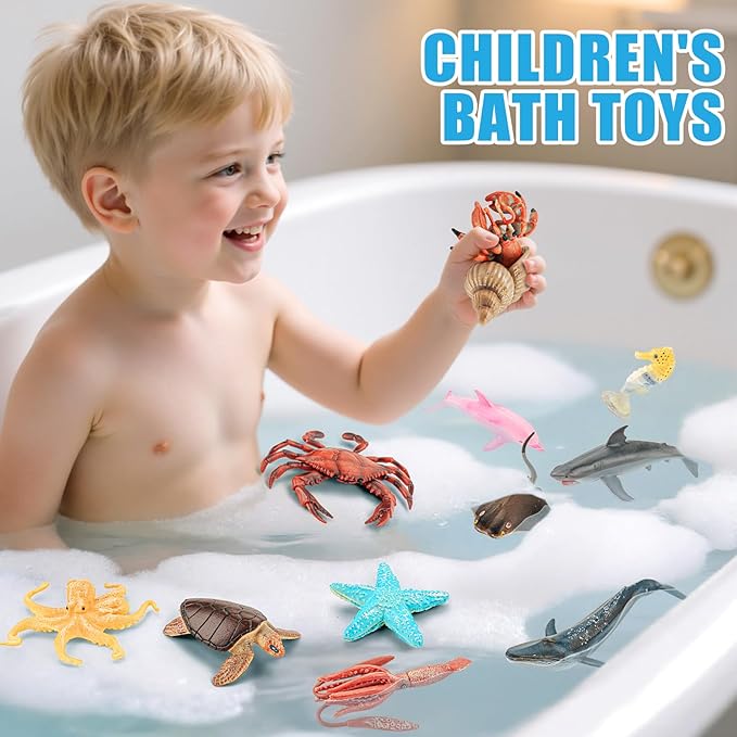 12PCS Ocean Sea Animal Toys for Kids,Realistic Soft Plastic Shark,Whale,Dolphin,Hermit Crab,Octopus,Starfish,Sea Turtle,Party Favors Birthday Gifts Cake Toppers for Boys Girls