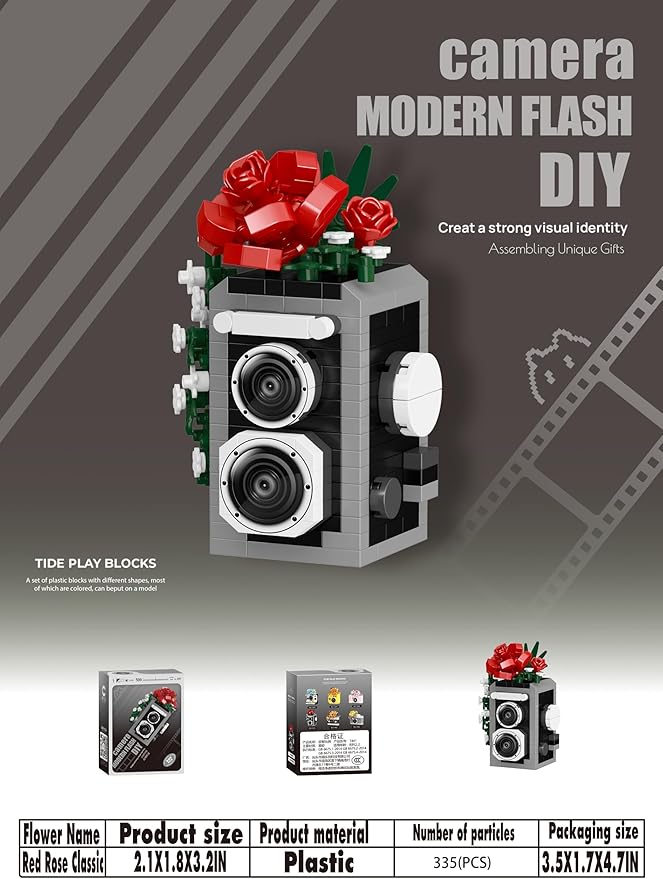 Red Rose Classic Cute Flower Camera Series Mini Building Toy Bricks Micro Blocks Kit Miniature Toys Ideal for Home Decor Desktop