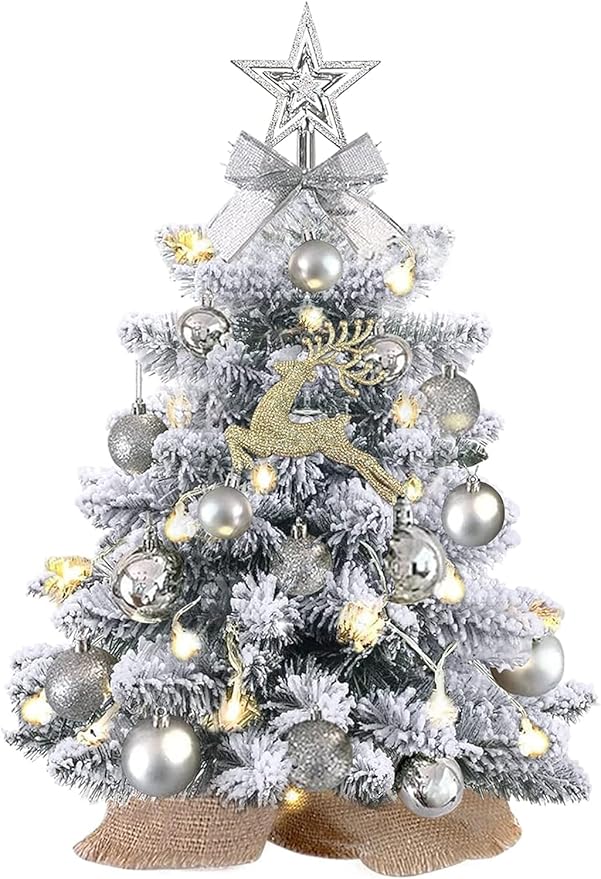 KOIUEYW Mini Christmas Tree Prelit, Small Artificial Christmas Tree with Lights, Pre Lit Little Decoration for Table Top Home Cafe Office, Snow Flocked