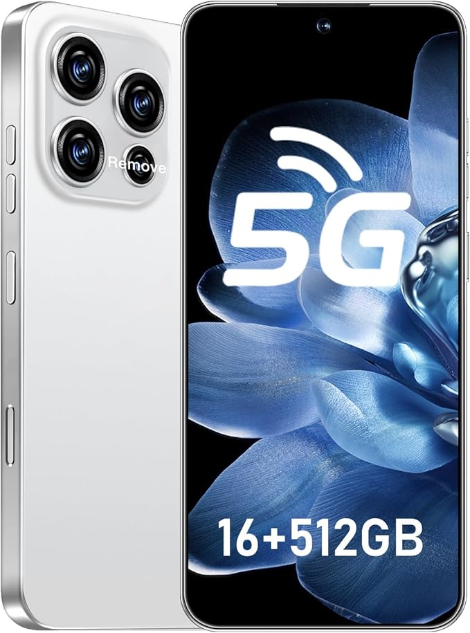 JQAKP 16PROMA X 5G Phone,Smartphone Unlocked Cell Phone 16GB+512GB/6.99“ HD Screen Display/68MP+108MP Camera/7000 mAh, Dual SIM Card/Face Unlock/Fingerprint Button Unlock (White)