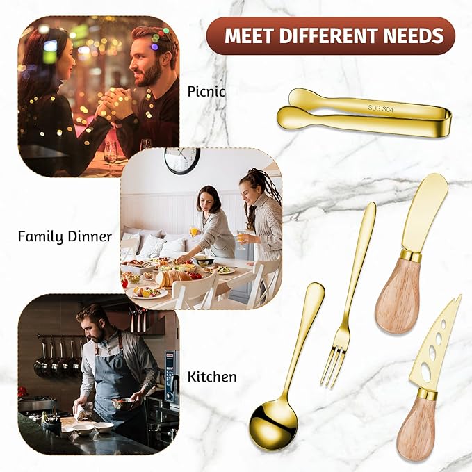 Charcuterie Board Accessories Spreader Knife Set Cheese Butter Spreader Knife Charcuterie Utensils with Wooden Handles Mini Serving Tongs Spoons Forks for party Wedding Christmas (Gold, 18 Pieces)