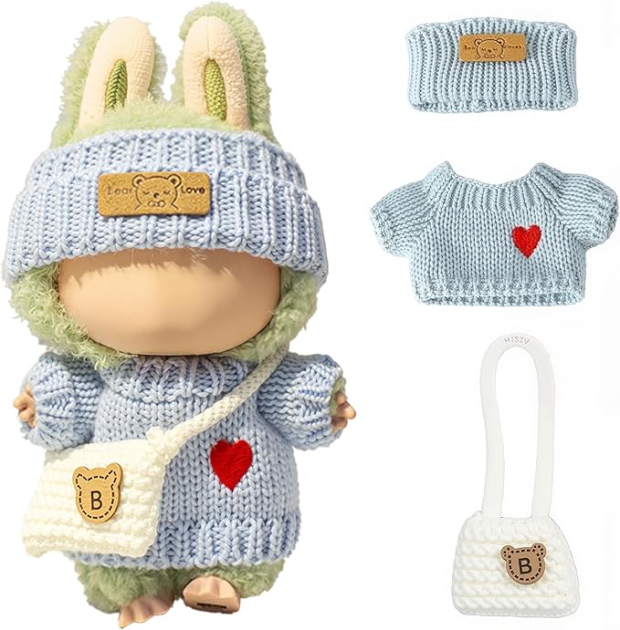 Clothes for LABUBU Doll (NO Doll), Handcrafted Crochet 3-Piece Accessories for LABUBU 17cm Dolls, Premium Outfit - Heart Sweater + Hat + Bag, Cute Clothes for Dress up Unique Style (Blue)