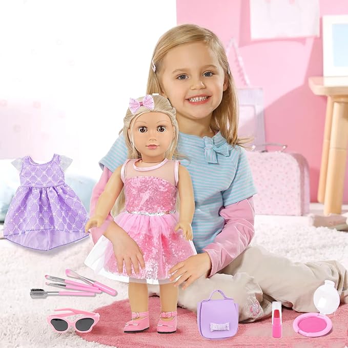 VAWMJOT 18 Inch American Doll Accessories, 2 Sets Pink and Purple Dresser Sunglasses Handbag Lipstick Hair Clip Eye Shadow Foundation Make-up Bracelet Cosmetic Brush American Doll Clothes Set