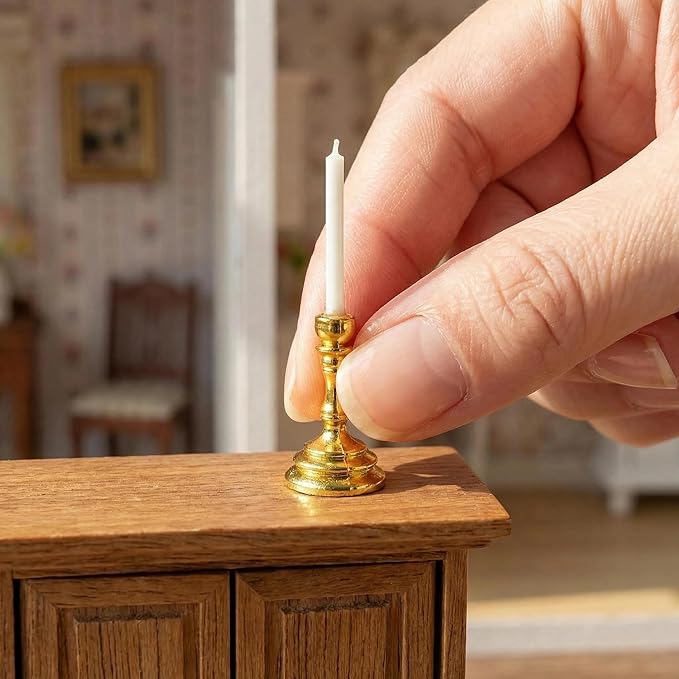 3PCS Vintage Miniature Candlesticks Set 1:12 Scale Metal Base Candle Holder for Miniature Room DIY Miniature Scene, or Desktop Display (Golden)