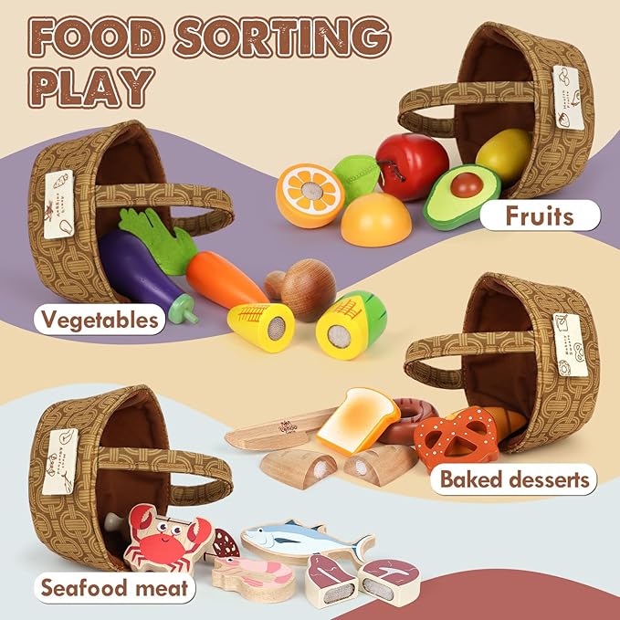 Lehoo Castle Wooden Play Food Set, Toy Food for Toddlers, Pretend Play Kitchen Accessories, Cutting Fruits and Vegetables Montessori Sorting Toys for Kids 3-5 Girls Boys