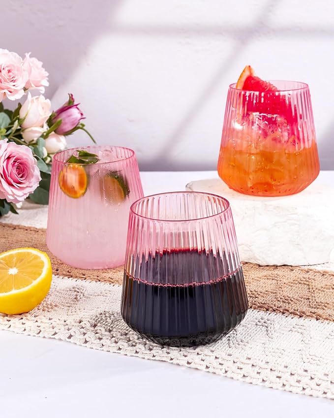 30 Pack Pink Plastic Ribbed Wine Glasses, 14 OZ Origami Stemless Disposable Wine Champagne Whiskey Glasses Unbreakable Clear Plastic Cocktail Glasses, Wine Cups for Party Wedding & Valentine's Day