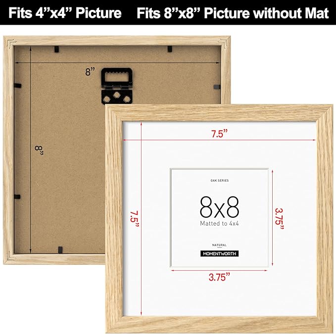 Momentworth 8x8 Picture Frames with Mat for 4x4, Solid Oak Wood Frame with Tempered Glass for Wall Mount(Single,Oak)