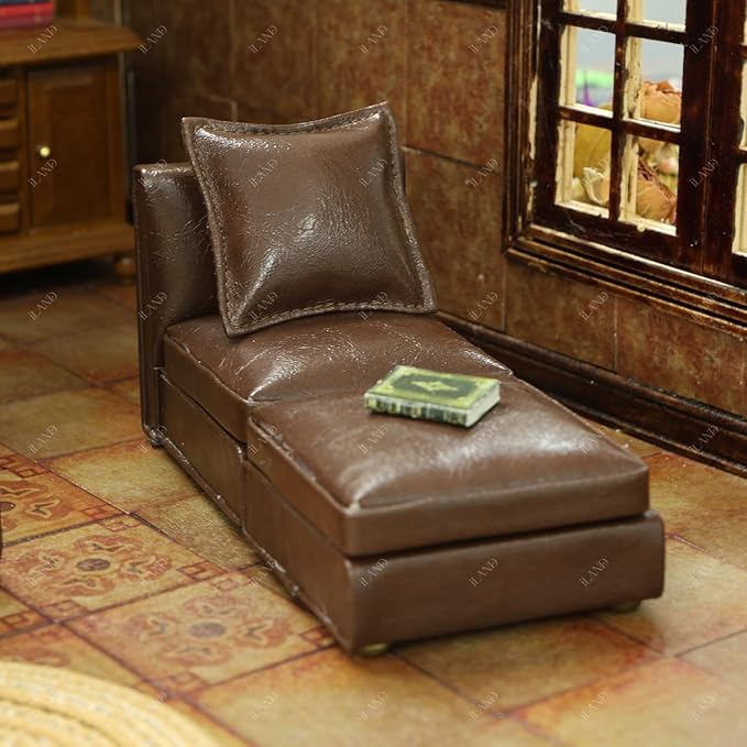 iLAND Dollhouse Furniture Miniature Sectional Couch Set for Doll House Décor Fit 1/12 Scale Accessories, Modern Brown Faux Leather Sofa Timeless & Classic