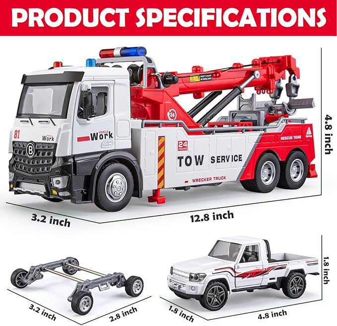 Tow Truck Toy for Boys, Metal Tow Truck with Crane Toy Model, Construction Vehicles with Lights and Sounds, Gift for Kids