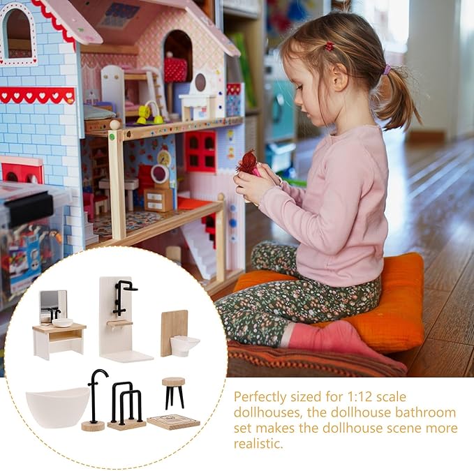 DOITOOL Miniature Dollhouse Bathroom Set : 8PCS Bathroom Furniture Stuff 1:12 Scale Mini Shower Room Accessories Doll House Decoration Home Decor