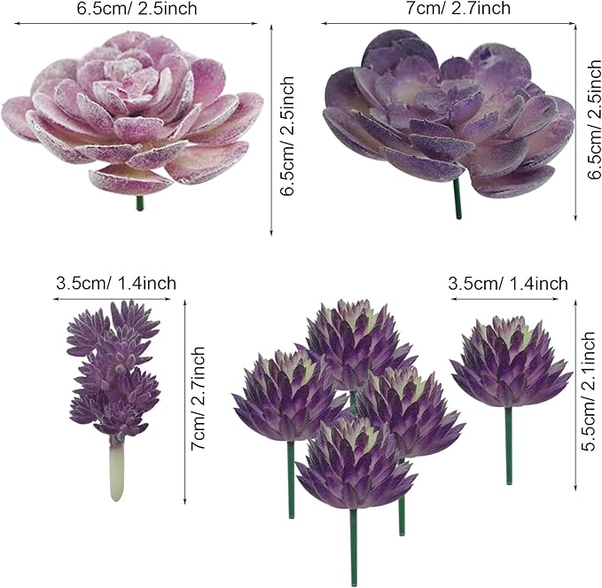 Cayway 15 PCS Artificial Succulent Plants, Fake Succulent Purple Unpotted Faux Succulent Assortment in Flocked Blue in Different Type for Birthday Home Decor Indoor Wall Garden DIY