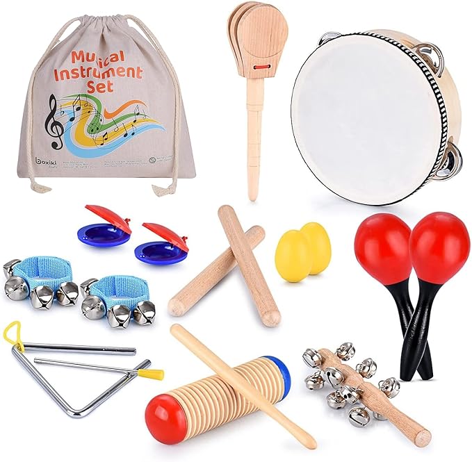 Boxiki kids Musical Instruments Set of 16 PCS - Toddler Educational & Musical Percussion for Kids - with Tambourine, Maracas & Castanets & More to Fine Motor Skills - 3+ Years Olds